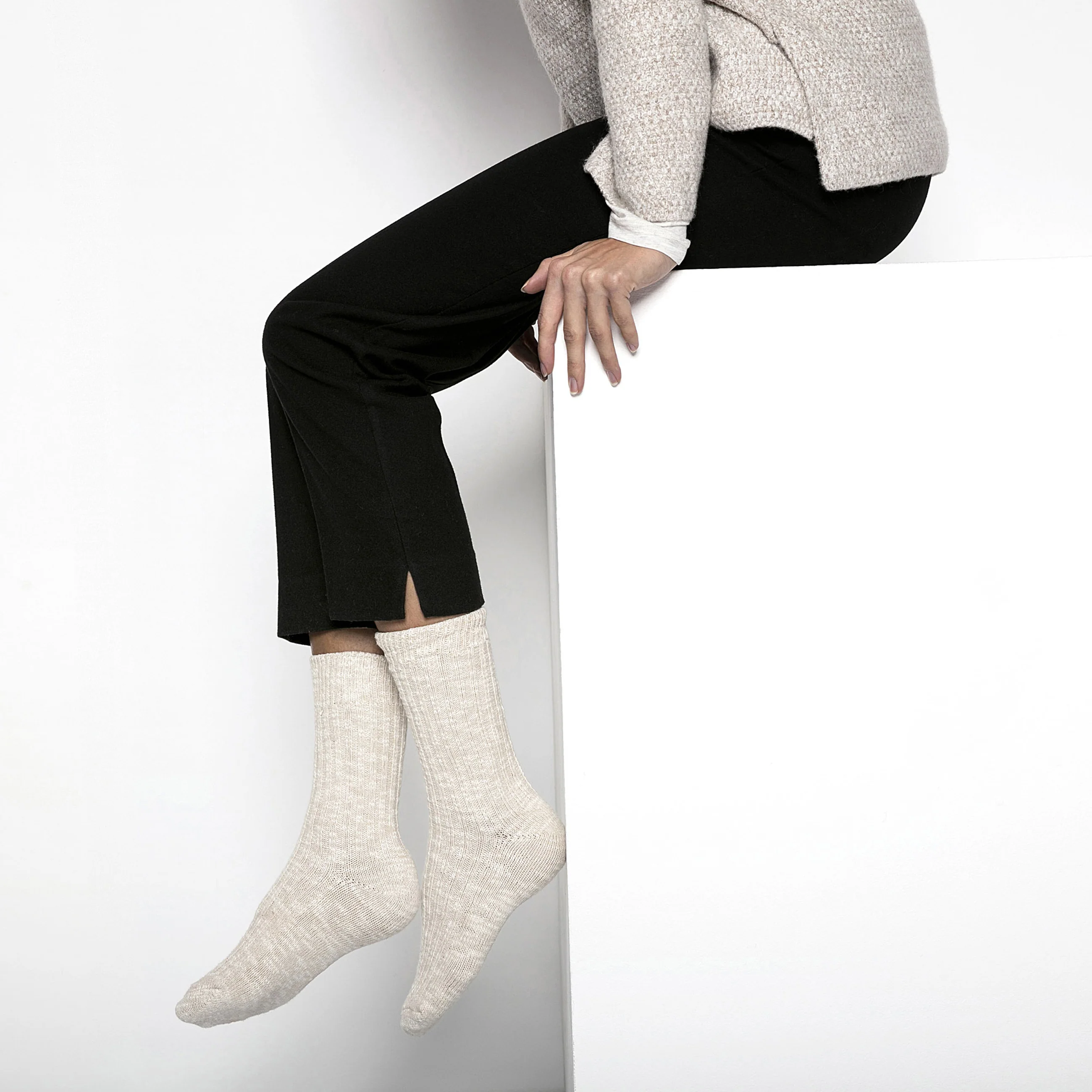 Cotton Slub Socks Beige White - Image 4